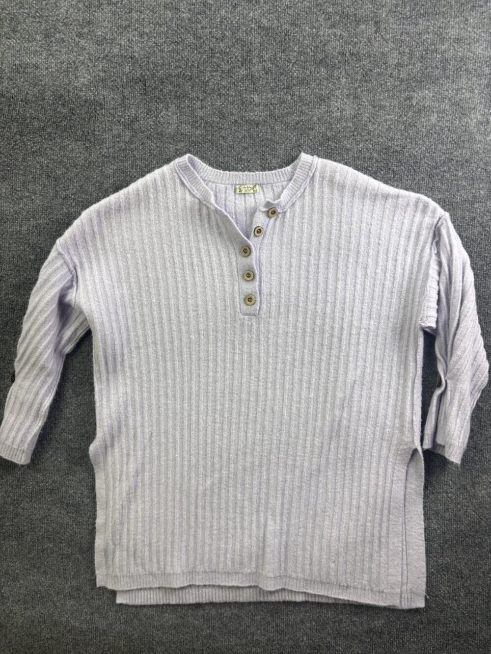 Free People Sweater Womens XS Purple Ribbed‎ Henley Knit 3/4 Sleeve Pullover